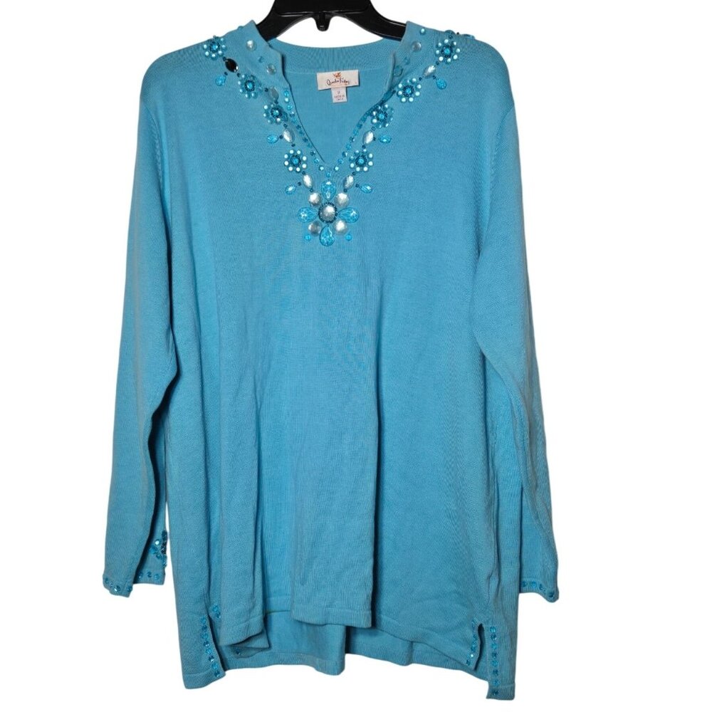 Quacker Factory Womens Blue Beaded V-Neck Sweater Plus 1X Embellished Boho Fall